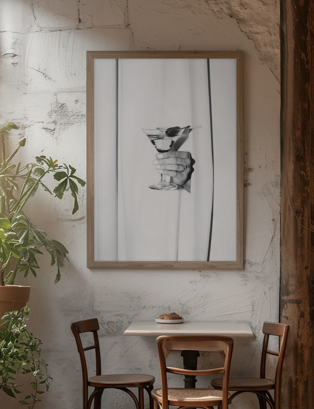 Glamour Martini Drink Behind Curtains Wall Art | Aesthetic Girly Cocktail Bar Fashion Decor