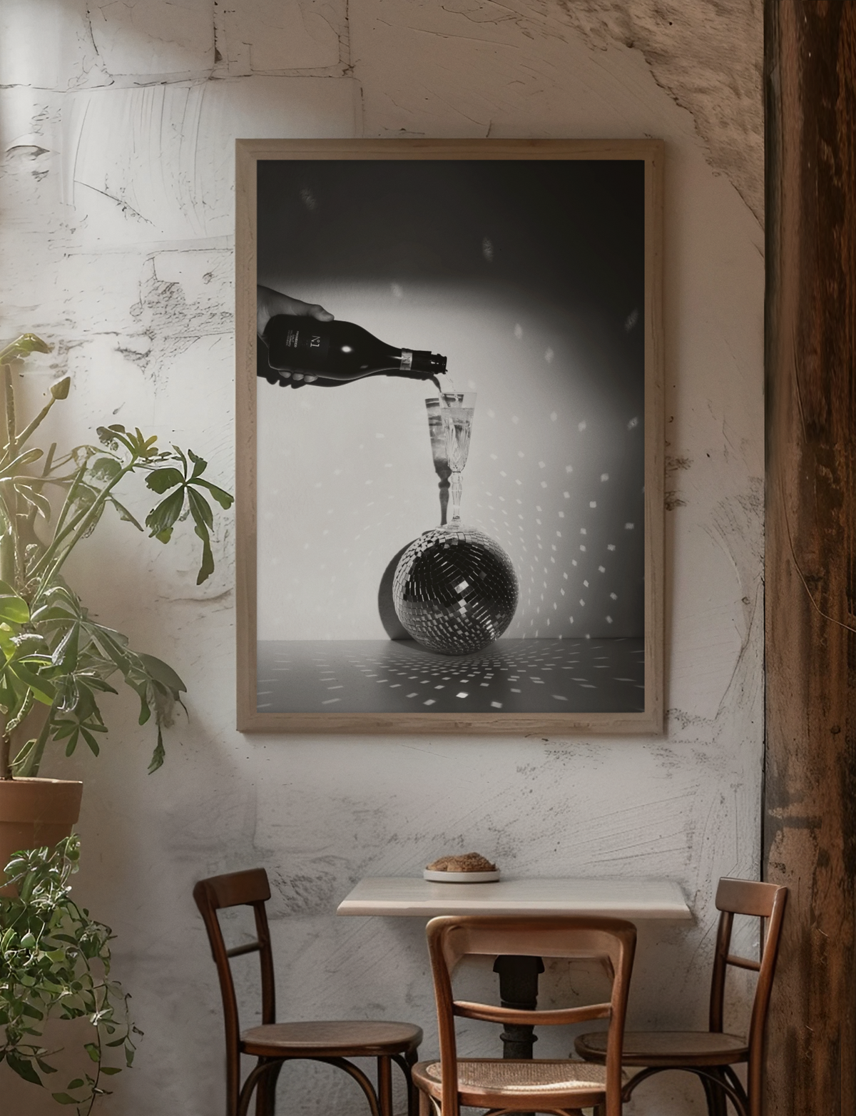 Champaigne Glass On Disco Ball Poster | Elegant Celebration Fashion Aesthetics Wall Mount