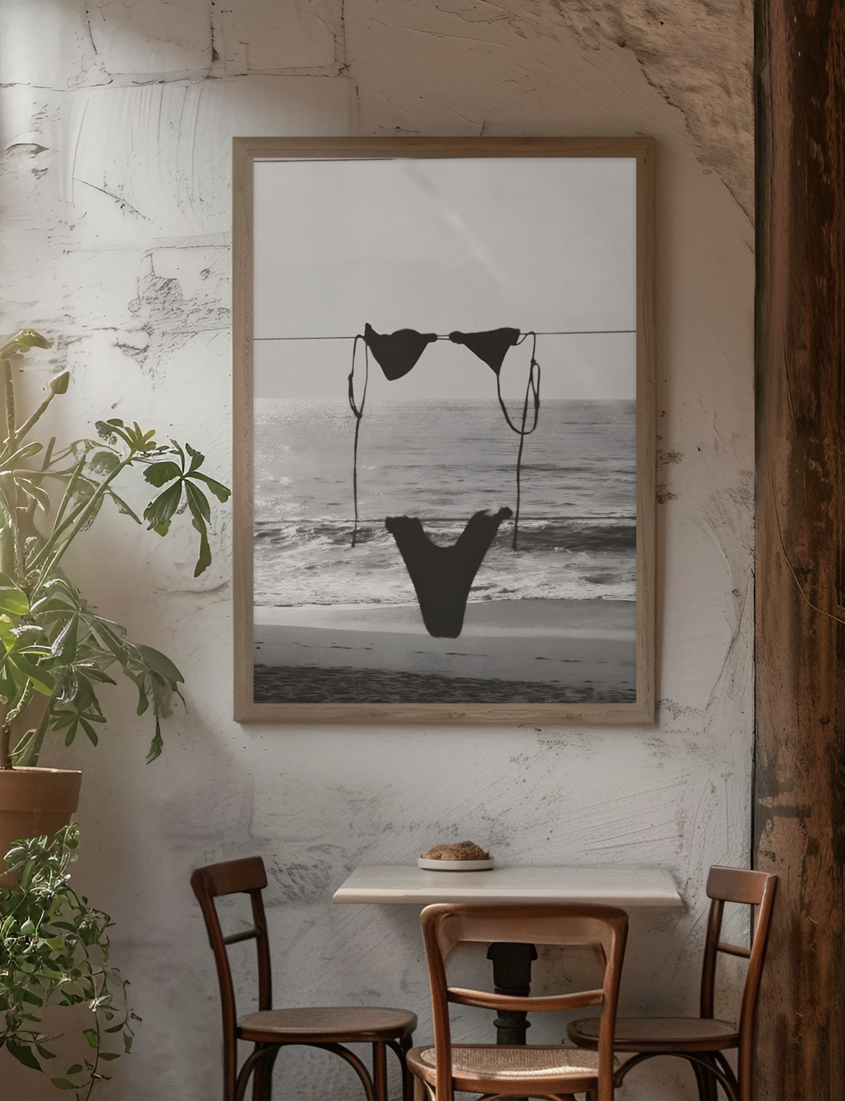 Vintage Hanging Bikini On Beach Wall Art | Coastal Girly Summer Aesthetics Room Decor