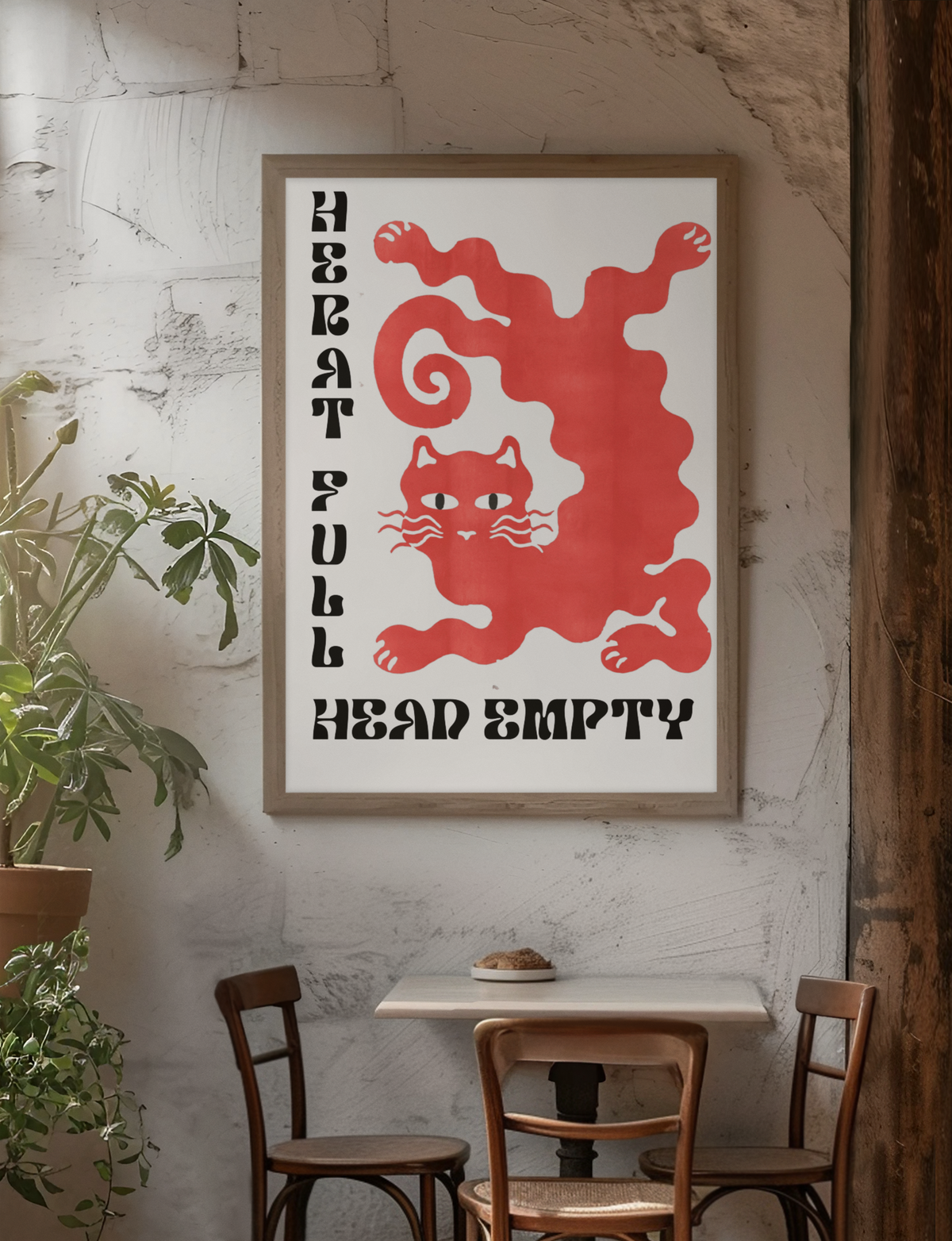Minimalistische Wandhalterung mit „Heart Full Head Empty“-Zitat | Y2K-Poster mit Tierillustration für das Wohnzimmer