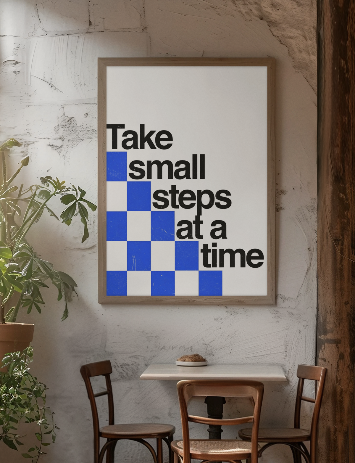 Wandbild mit dem Spruch „Take Small Steps at a Time“ | Schwarz-weißes Motivations-Wandschild für das Zimmer