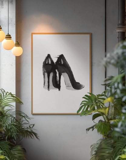 Illustrated Black & White Fashion Heel Shoes Room Decor | Y2K Feminine 90s Style Wall Art