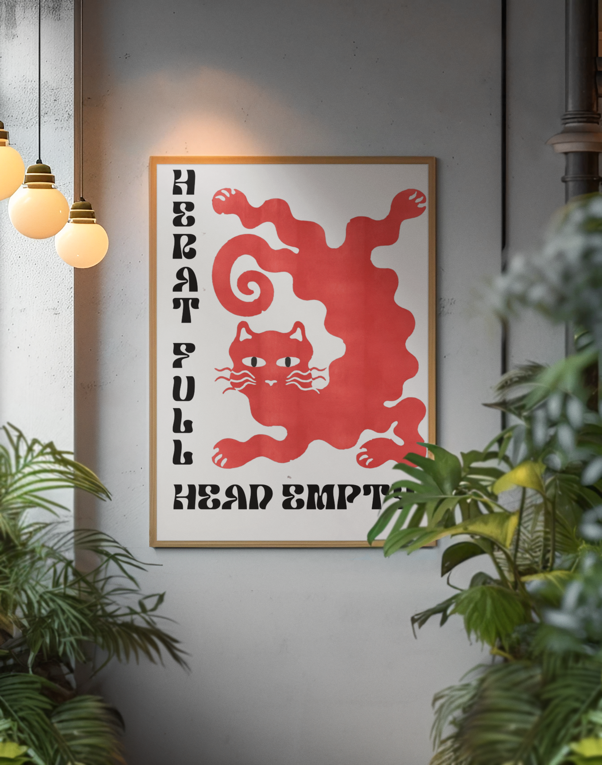 Minimalistische Wandhalterung mit „Heart Full Head Empty“-Zitat | Y2K-Poster mit Tierillustration für das Wohnzimmer