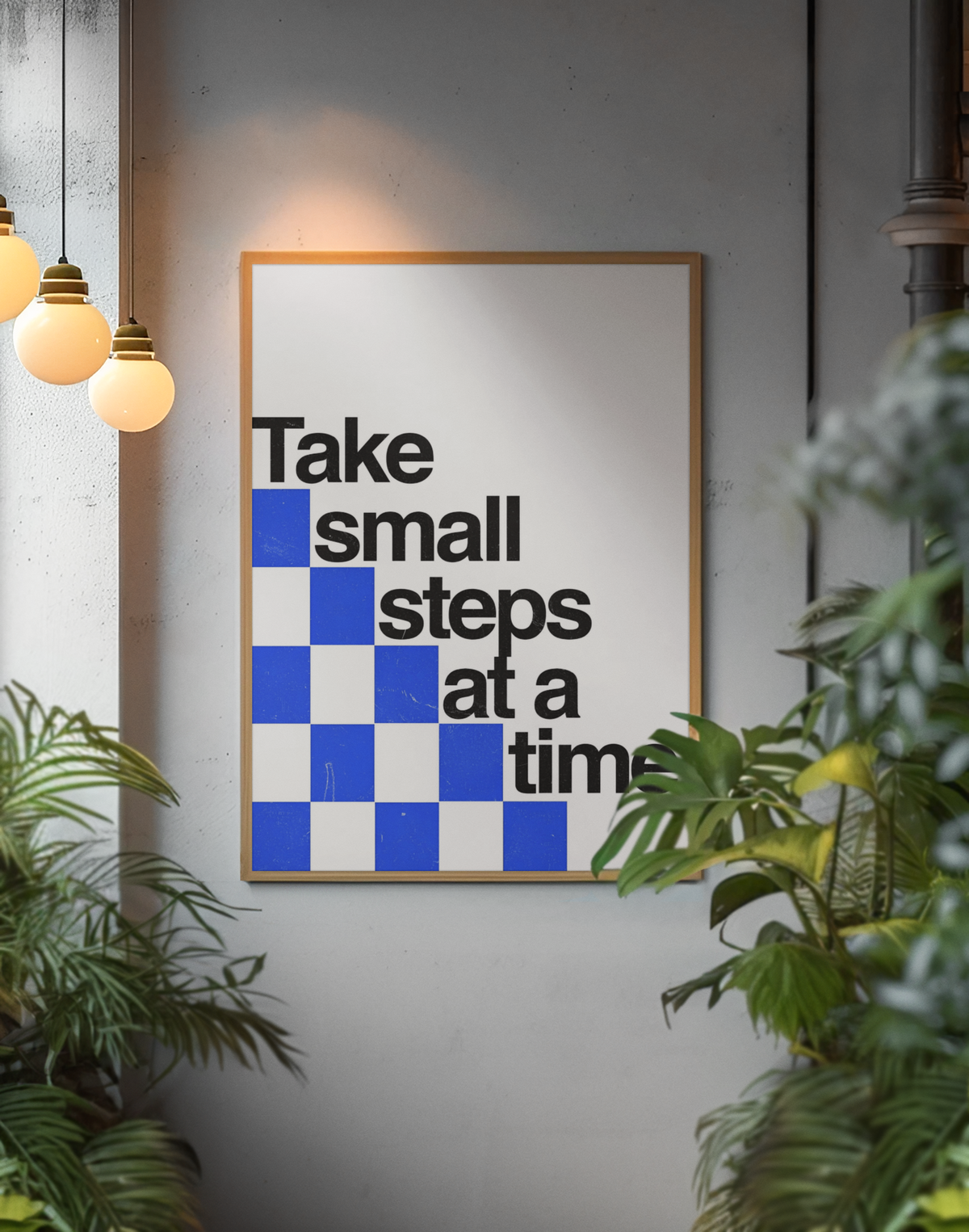 Wandbild mit dem Spruch „Take Small Steps at a Time“ | Schwarz-weißes Motivations-Wandschild für das Zimmer