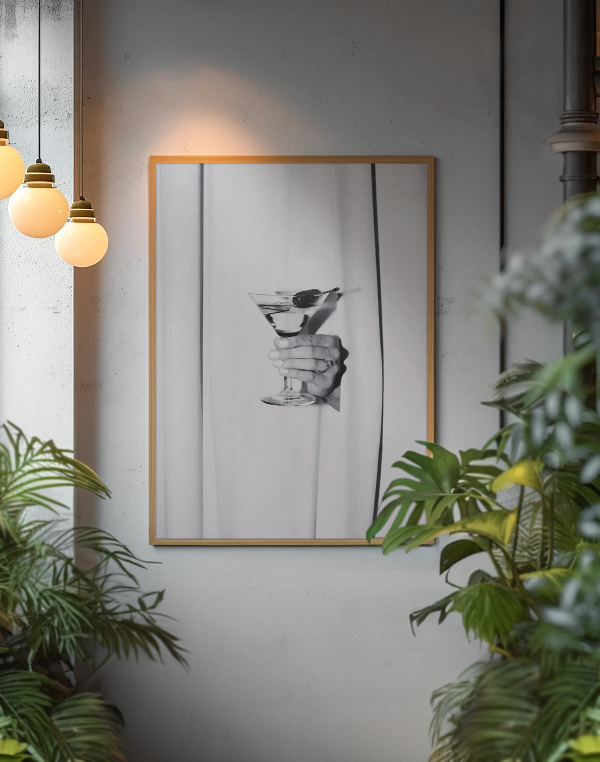 Glamour Martini Drink Behind Curtains Wall Art | Aesthetic Girly Cocktail Bar Fashion Decor