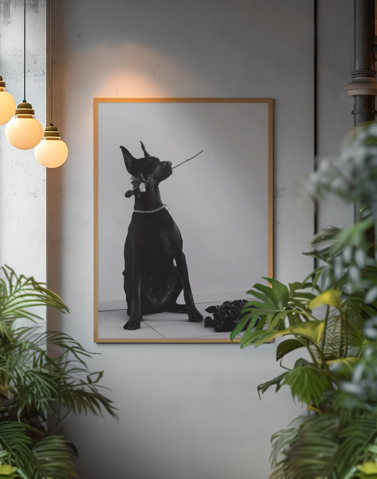 Guard Dog Holding Rose Fashion Wall Mount | Timeless Black & White Animal Lover Gift Poster