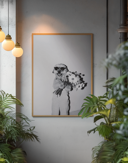 Aesthetic Cute Dog Holding Flowers Illustration Decor | Y2K Fashion Home Animal Gif For Lover Poster