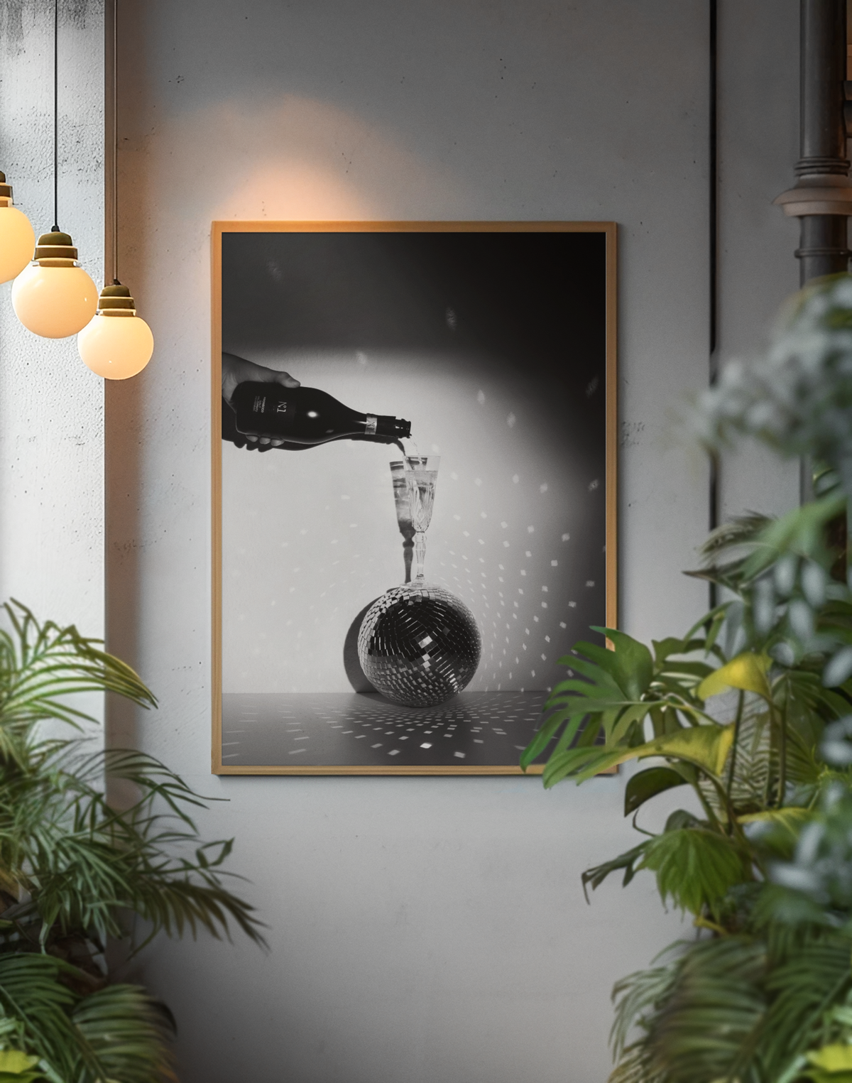 Champaigne Glass On Disco Ball Poster | Elegant Celebration Fashion Aesthetics Wall Mount