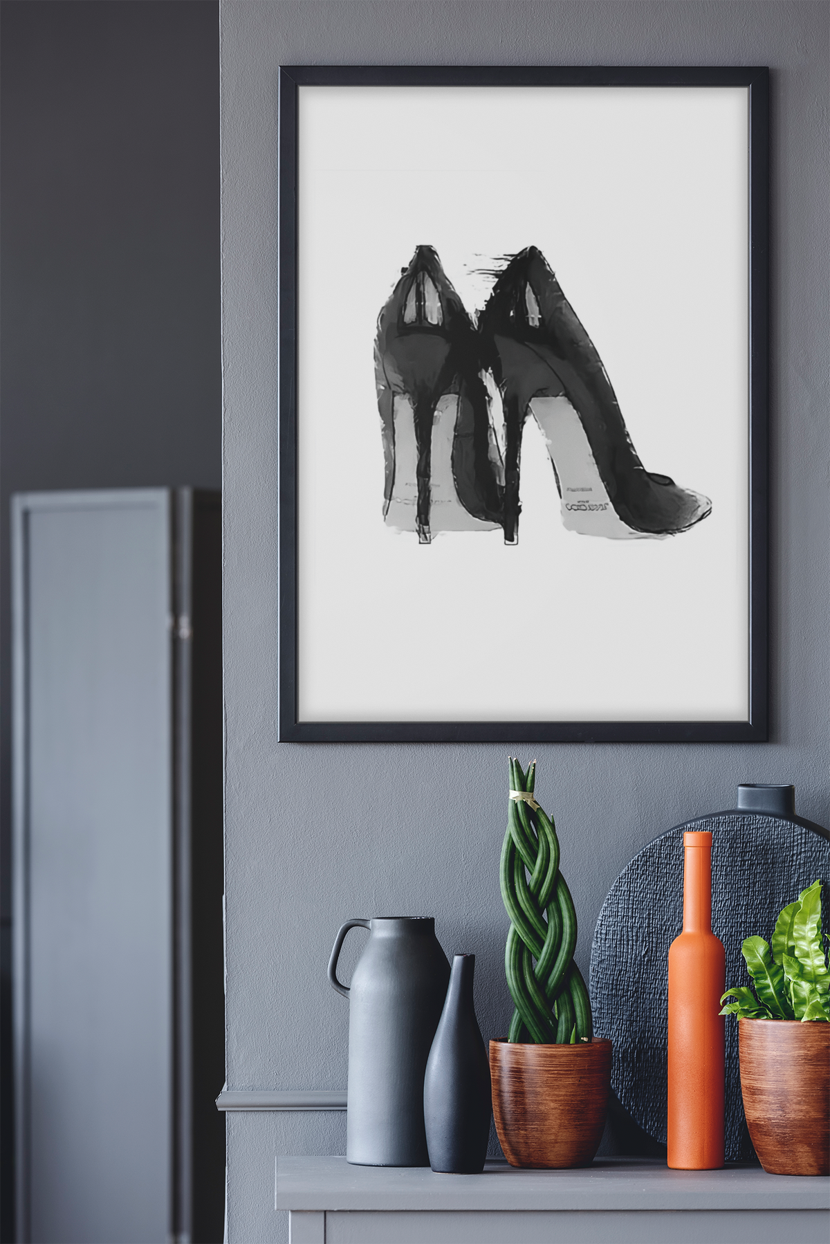 Illustrated Black & White Fashion Heel Shoes Room Decor | Y2K Feminine 90s Style Wall Art