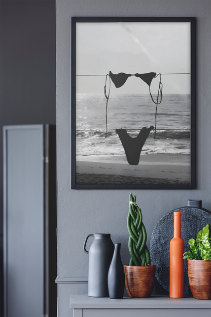 Vintage Hanging Bikini On Beach Wall Art | Coastal Girly Summer Aesthetics Room Decor