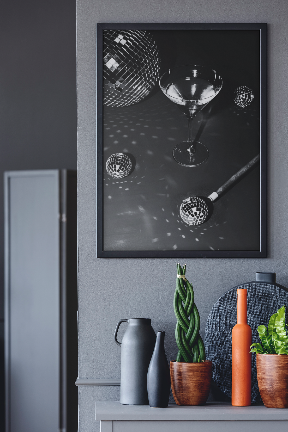 Elegant Martini Drink On 8 Ball Pool Wall Mount | Minimalistic Disco Balls Aesthetics Fashion Poster