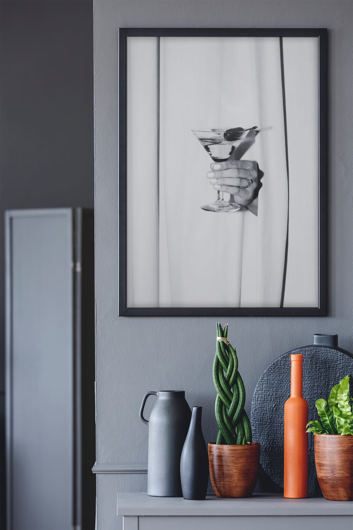 Glamour Martini Drink Behind Curtains Wall Art | Aesthetic Girly Cocktail Bar Fashion Decor