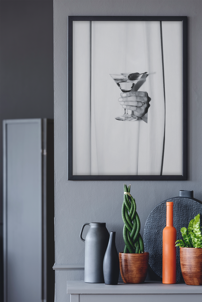 Glamour Martini Drink Behind Curtains Wall Art | Aesthetic Girly Cocktail Bar Fashion Decor