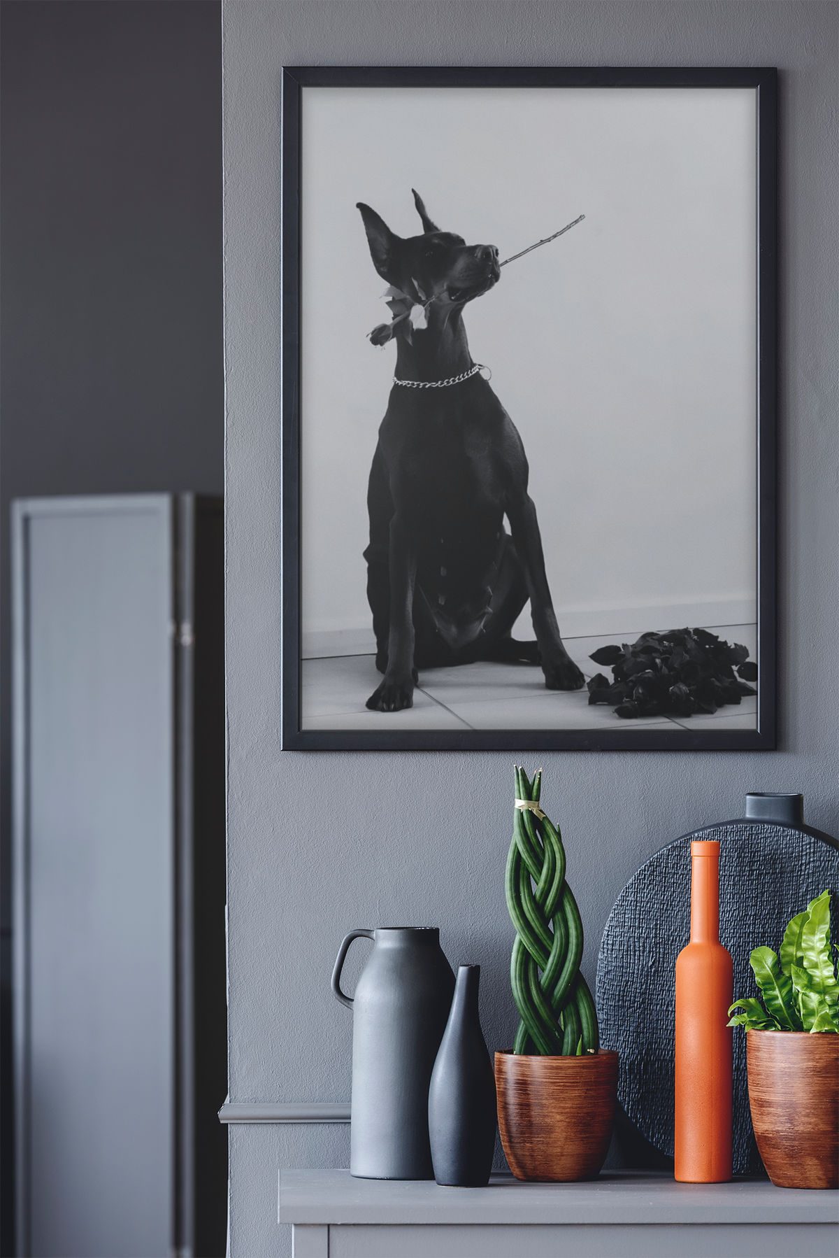 Guard Dog Holding Rose Fashion Wall Mount | Timeless Black & White Animal Lover Gift Poster