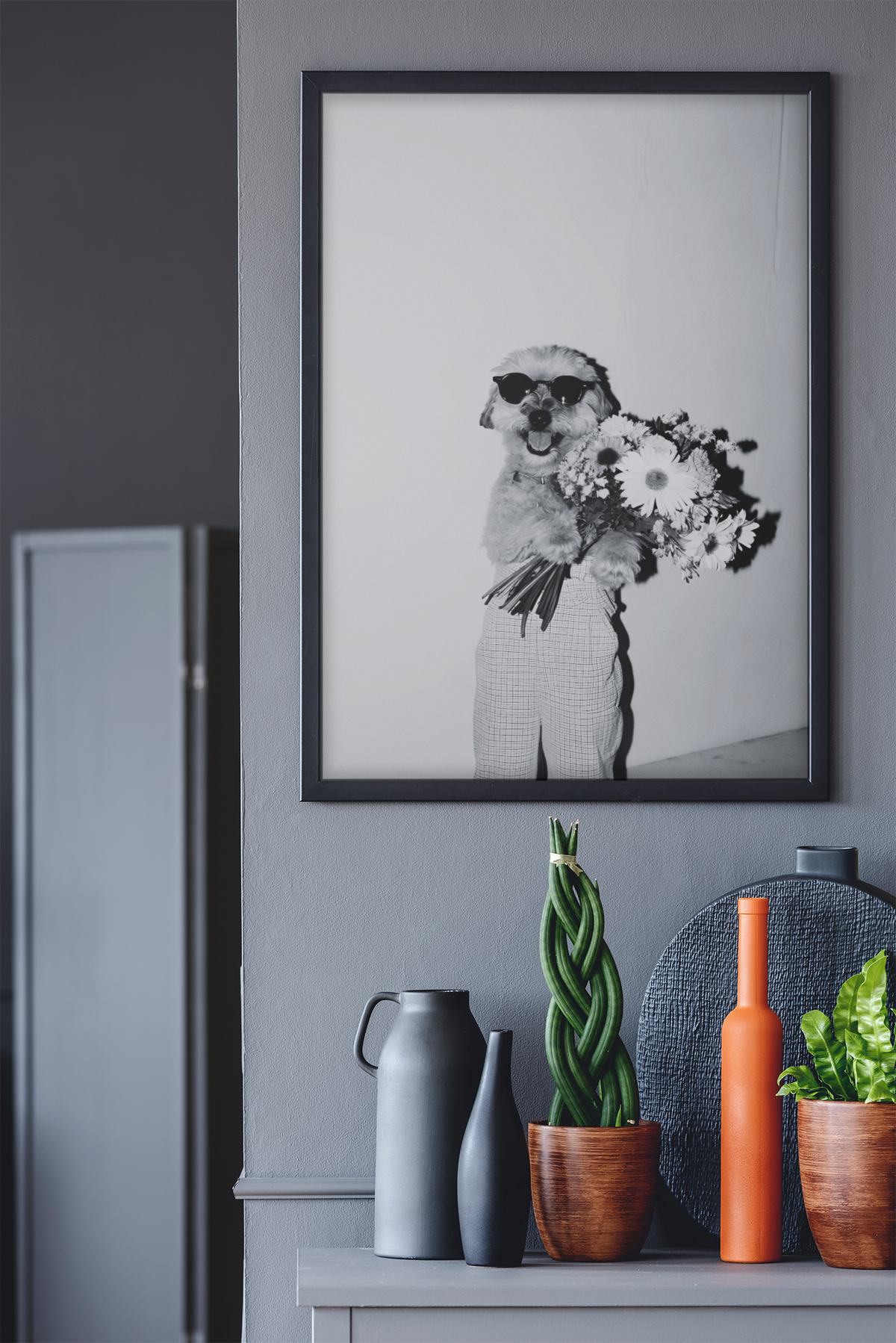 Aesthetic Cute Dog Holding Flowers Illustration Decor | Y2K Fashion Home Animal Gif For Lover Poster