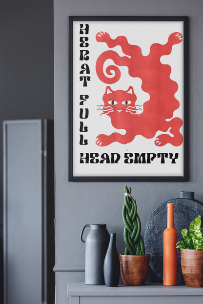 Minimalistische Wandhalterung mit „Heart Full Head Empty“-Zitat | Y2K-Poster mit Tierillustration für das Wohnzimmer