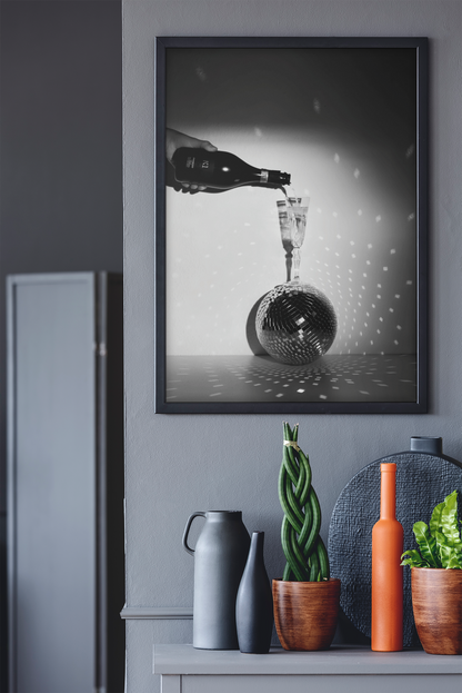 Champaigne Glass On Disco Ball Poster | Elegant Celebration Fashion Aesthetics Wall Mount