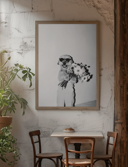 Aesthetic Cute Dog Holding Flowers Illustration Decor | Y2K Fashion Home Animal Gif For Lover Poster