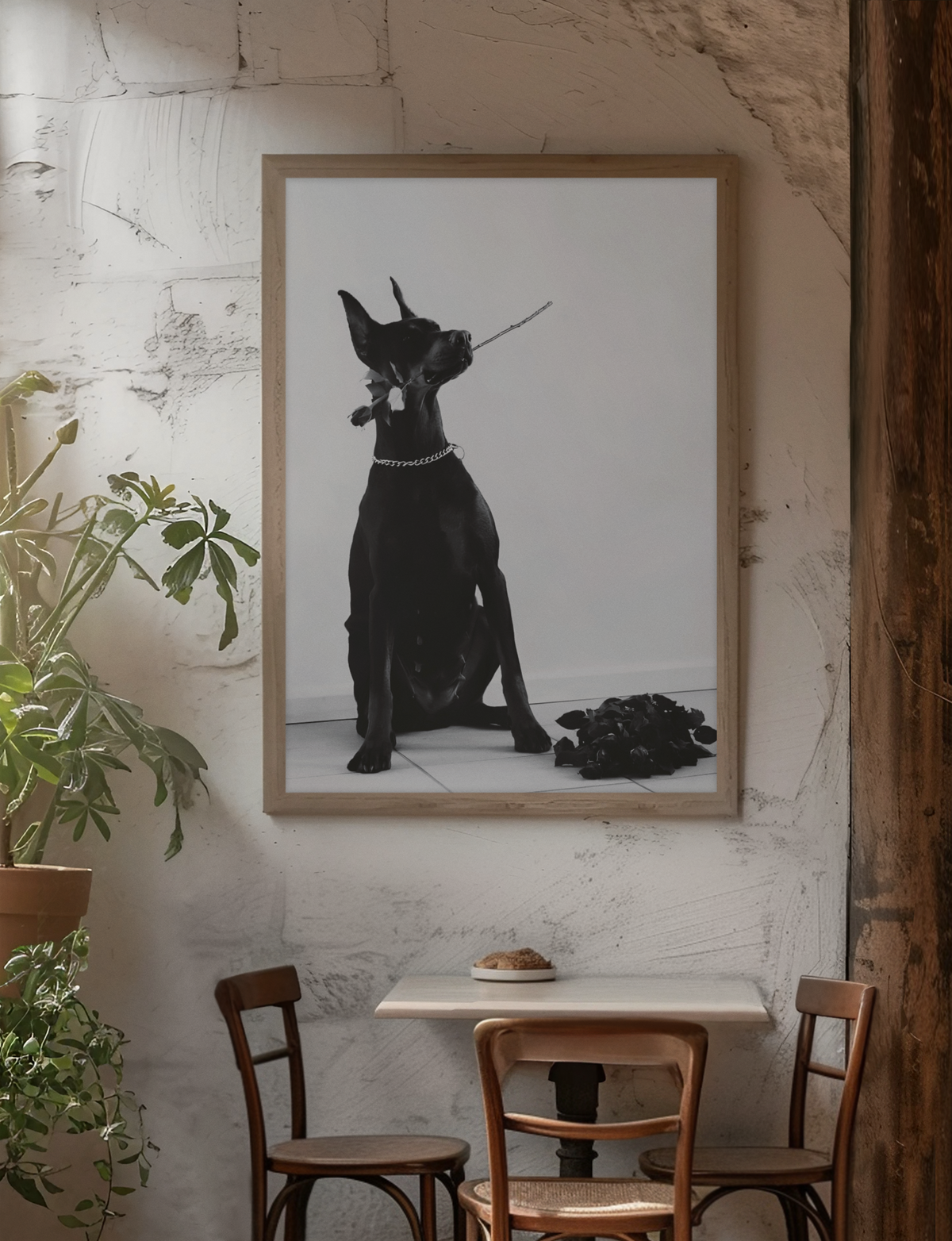 Guard Dog Holding Rose Fashion Wall Mount | Timeless Black & White Animal Lover Gift Poster