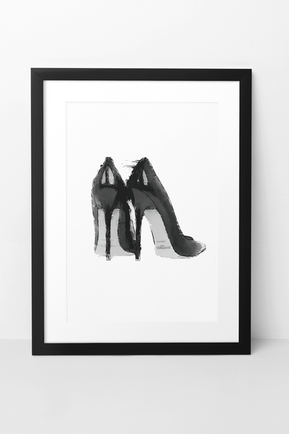 Illustrated Black & White Fashion Heel Shoes Room Decor | Y2K Feminine 90s Style Wall Art