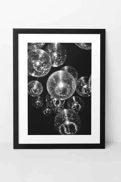 Vintage 90s Disco Balls Aesthetics Room Wall Mount | Minimalistic Black & White Celebration Night Poster