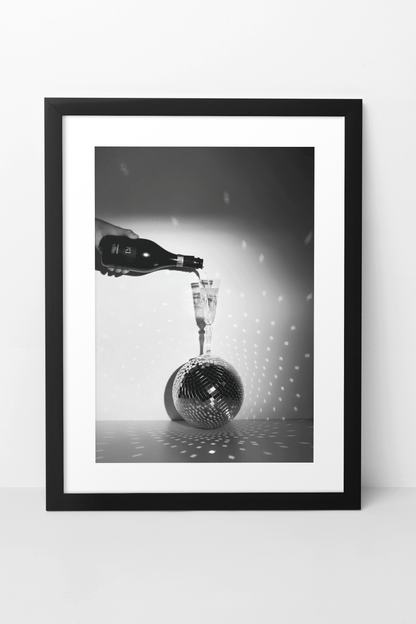Champaigne Glass On Disco Ball Poster | Elegant Celebration Fashion Aesthetics Wall Mount