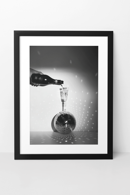 Champaigne Glass On Disco Ball Poster | Elegant Celebration Fashion Aesthetics Wall Mount