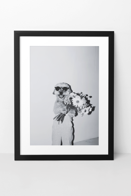 Aesthetic Cute Dog Holding Flowers Illustration Decor | Y2K Fashion Home Animal Gif For Lover Poster