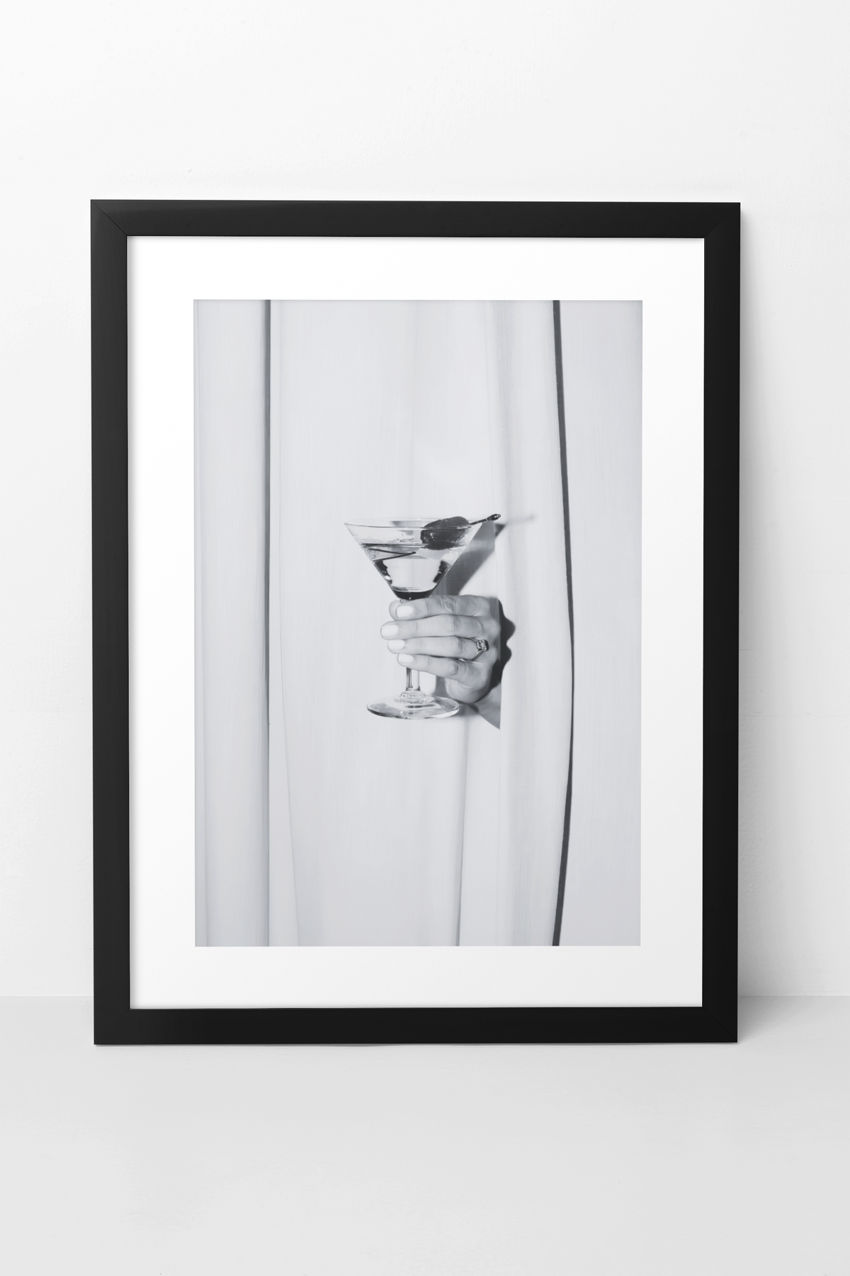 Glamour Martini Drink Behind Curtains Wall Art | Aesthetic Girly Cocktail Bar Fashion Decor