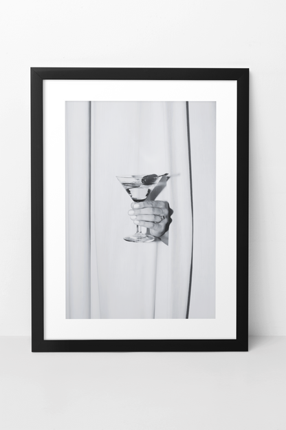 Glamour Martini Drink Behind Curtains Wall Art | Aesthetic Girly Cocktail Bar Fashion Decor