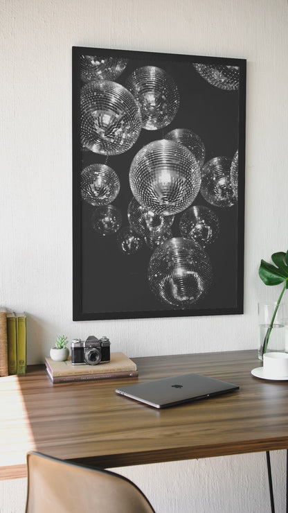 Vintage 90s Disco Balls Aesthetics Room Wall Mount | Minimalistic Black & White Celebration Night Poster