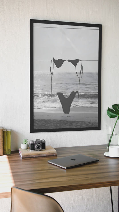 Vintage Hanging Bikini On Beach Wall Art | Coastal Girly Summer Aesthetics Room Decor