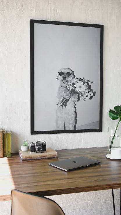 Aesthetic Cute Dog Holding Flowers Illustration Decor | Y2K Fashion Home Animal Gif For Lover Poster