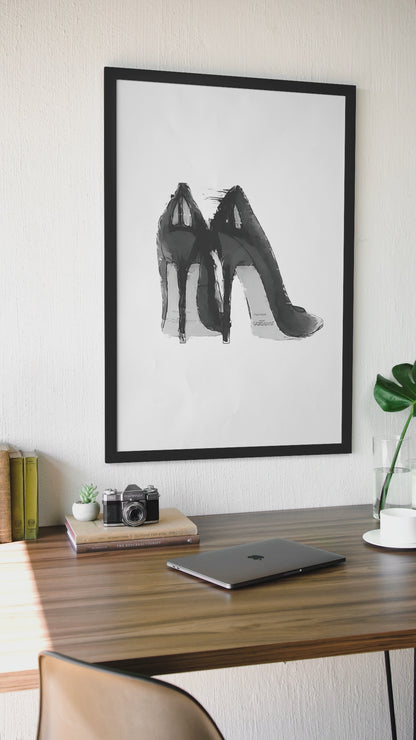Illustrated Black & White Fashion Heel Shoes Room Decor | Y2K Feminine 90s Style Wall Art