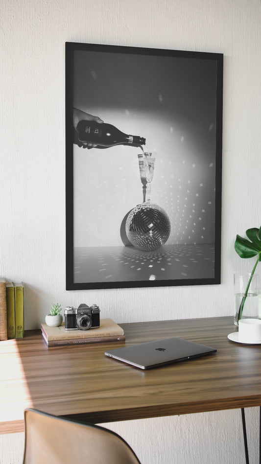Champaigne Glass On Disco Ball Poster | Elegant Celebration Fashion Aesthetics Wall Mount