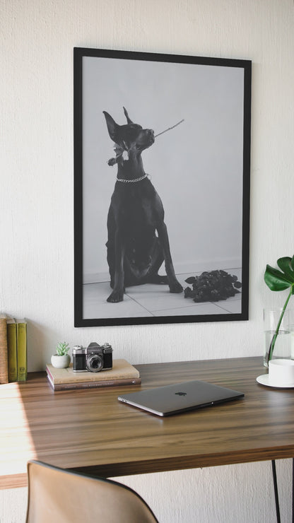 Guard Dog Holding Rose Fashion Wall Mount | Timeless Black & White Animal Lover Gift Poster
