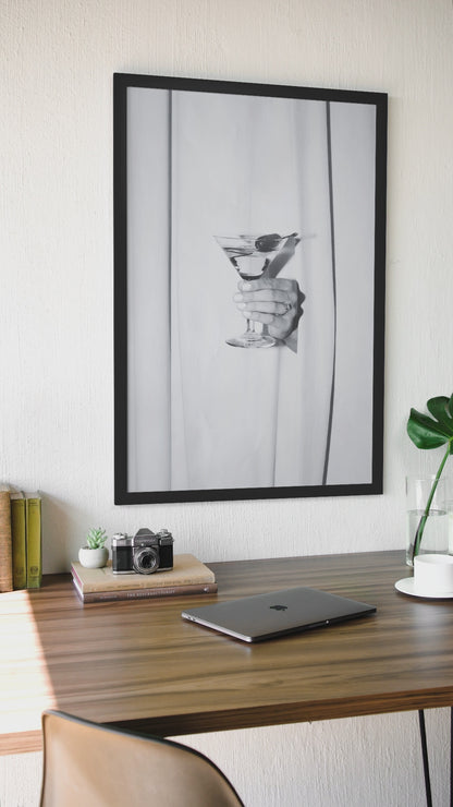 Glamour Martini Drink Behind Curtains Wall Art | Aesthetic Girly Cocktail Bar Fashion Decor
