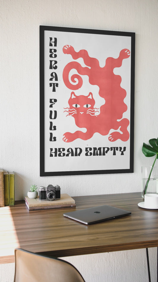 Minimalistische Wandhalterung mit „Heart Full Head Empty“-Zitat | Y2K-Poster mit Tierillustration für das Wohnzimmer